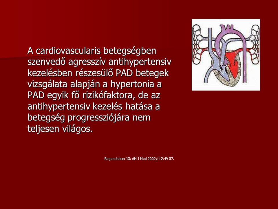 A cardiovascularis betegségben szenvedő agresszív antihypertensiv kezelésben részesülő PAD betegek vizsgálata alapján a hypertonia a PAD egyik fő rizikófaktora, de az antihypertensiv kezelés hatása a betegség progressziójára nem teljesen világos.
