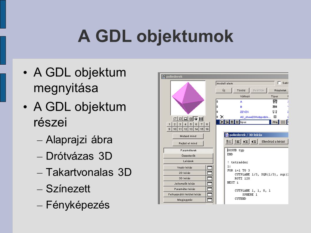 A GDL objektumok A GDL objektum megnyitása A GDL objektum részei