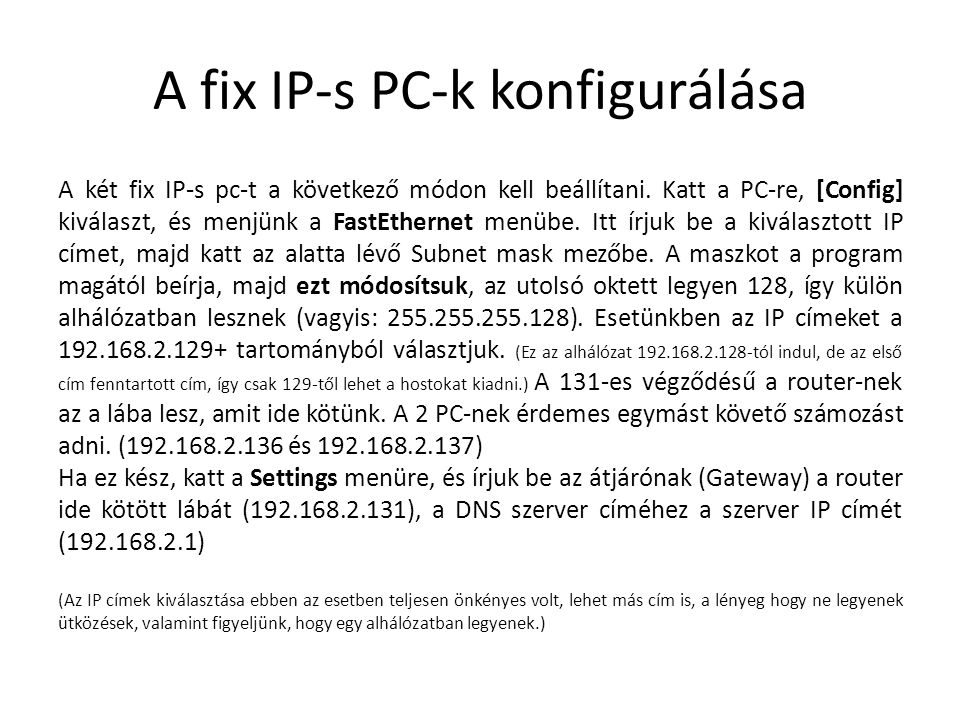 A fix IP-s PC-k konfigurálása