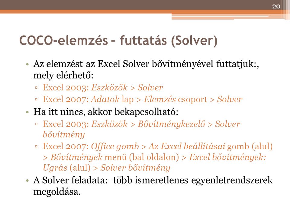 COCO-elemzés – futtatás (Solver)