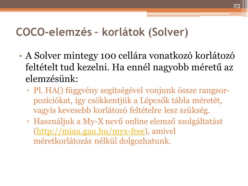 COCO-elemzés – korlátok (Solver)