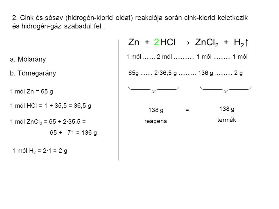 2. Cink és sósav (hidrogén-klorid oldat) reakciója során cink-klorid keletkezik és hidrogén-gáz szabadul fel .