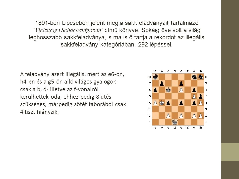 1891-ben Lipcsében jelent meg a sakkfeladványait tartalmazó Vielzügige Schachaufgaben című könyve. Sokáig övé volt a világ leghosszabb sakkfeladványa, s ma is ő tartja a rekordot az illegális sakkfeladvány kategóriában, 292 lépéssel.