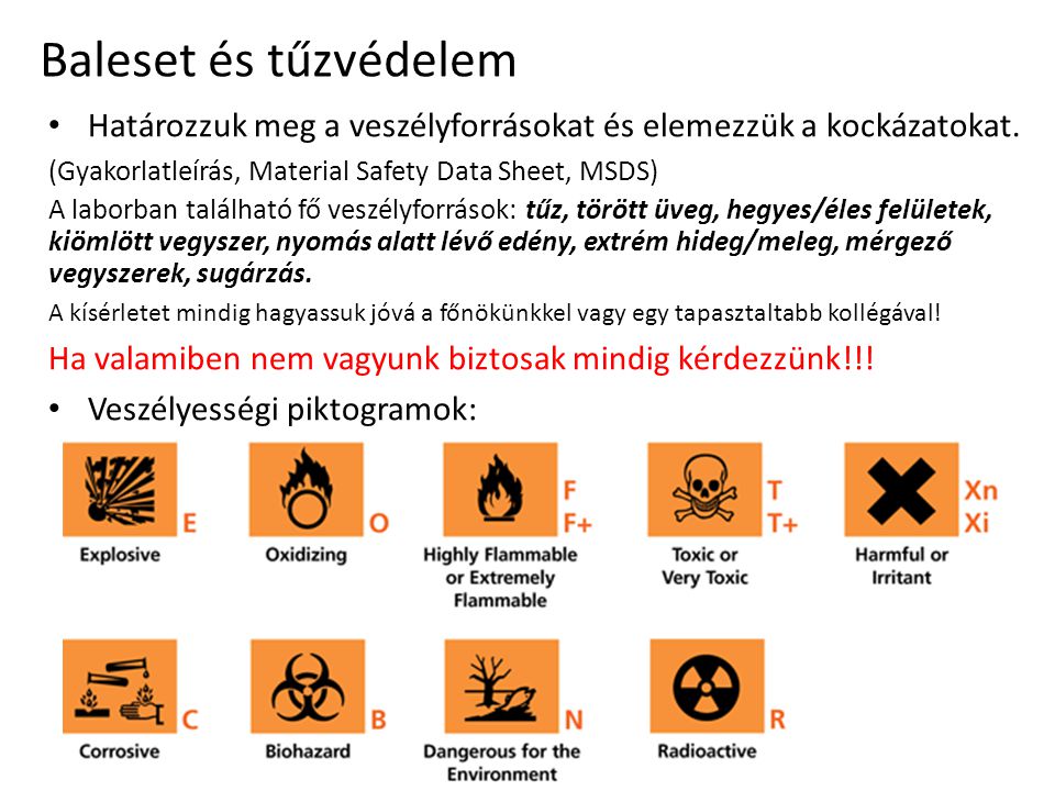 Baleset és tűzvédelem Határozzuk meg a veszélyforrásokat és elemezzük a kockázatokat. (Gyakorlatleírás, Material Safety Data Sheet, MSDS)