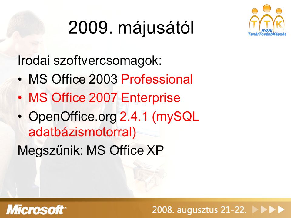 2009. májusától Irodai szoftvercsomagok: MS Office 2003 Professional