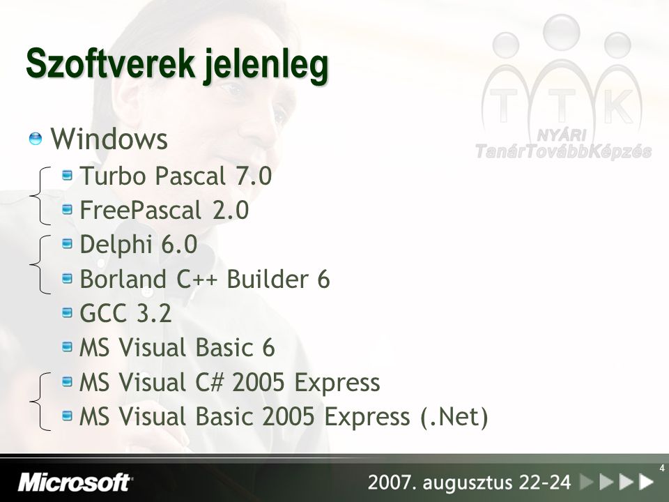 Szoftverek jelenleg Windows Turbo Pascal 7.0 FreePascal 2.0 Delphi 6.0