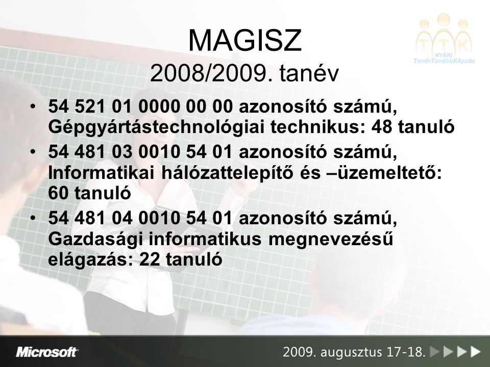 MAGISZ 2008/2009. tanév azonosító számú, Gépgyártástechnológiai technikus: 48 tanuló.