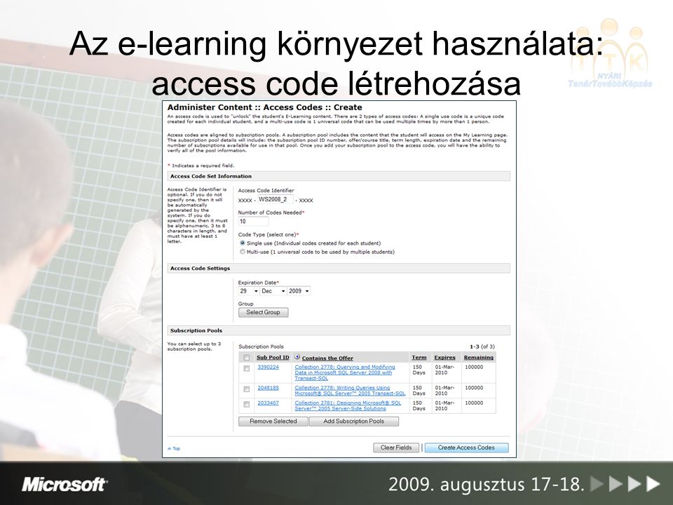 Az e-learning környezet használata: access code létrehozása