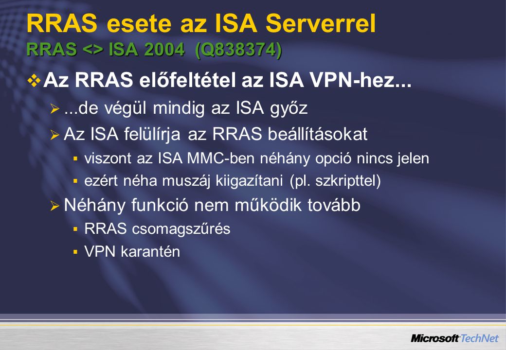 RRAS esete az ISA Serverrel RRAS <> ISA 2004 (Q838374)