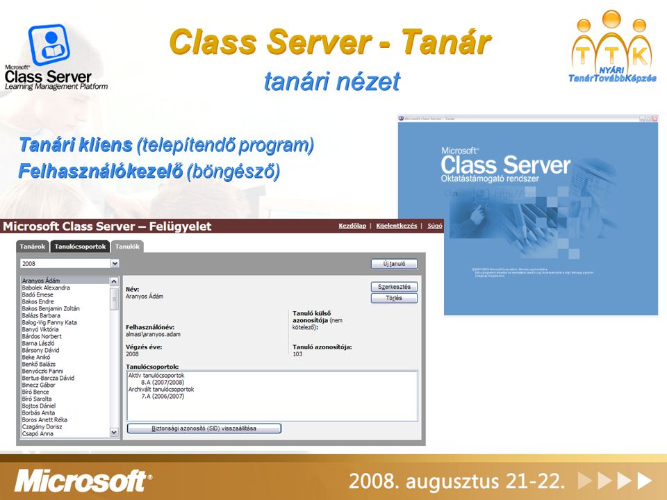 Class Server - Tanár tanári nézet Tanári kliens (telepítendő program)
