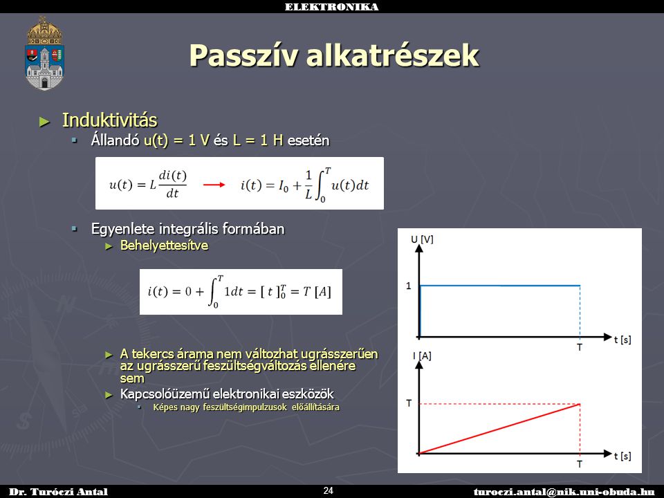 Passzív alkatrészek Induktivitás Állandó u(t) = 1 V és L = 1 H esetén