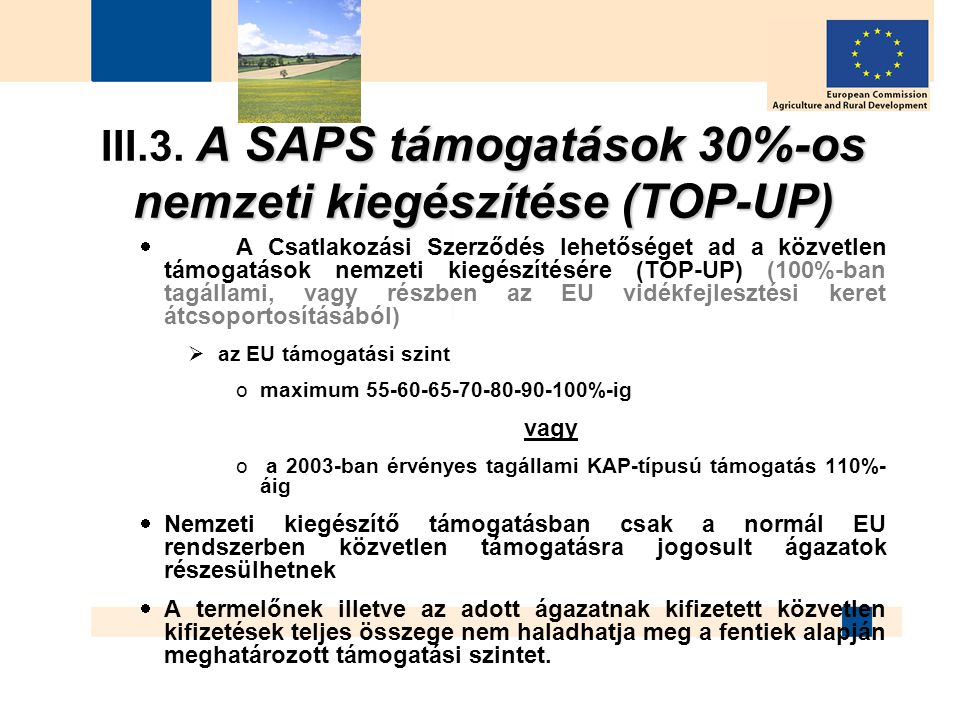 III.3. A SAPS támogatások 30%-os nemzeti kiegészítése (TOP-UP)