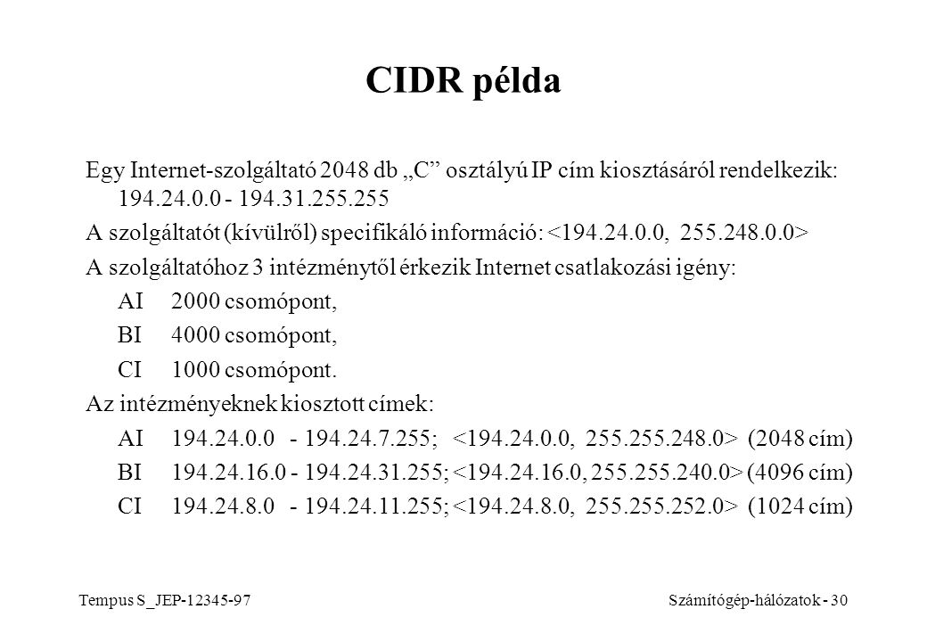 CIDR példa Egy Internet-szolgáltató 2048 db „C osztályú IP cím kiosztásáról rendelkezik:
