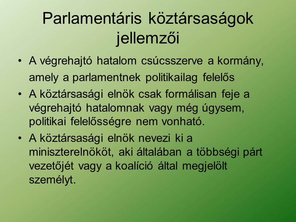 Parlamentáris köztársaságok jellemzői