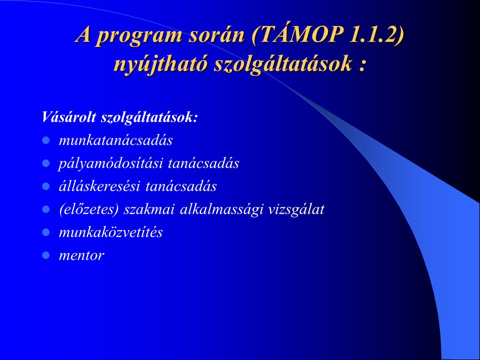 A program során (TÁMOP 1.1.2) nyújtható szolgáltatások :