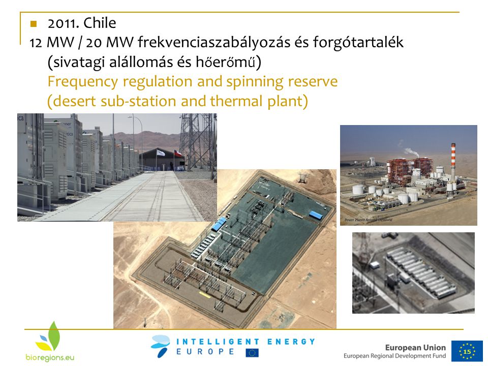 2011. Chile 12 MW / 20 MW frekvenciaszabályozás és forgótartalék (sivatagi alállomás és hőerőmű) Frequency regulation and spinning reserve.