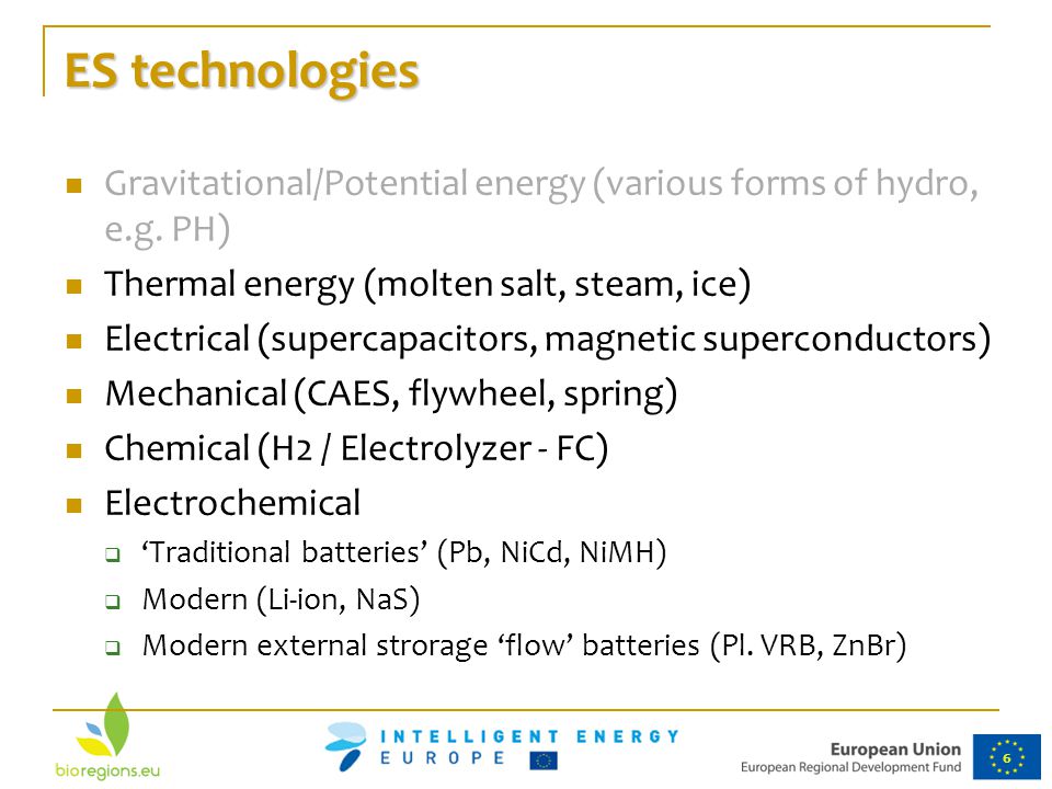 ES technologies Gravitational/Potential energy (various forms of hydro, e.g. PH) Thermal energy (molten salt, steam, ice)