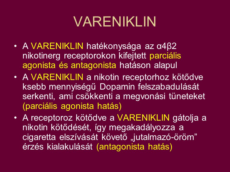 VARENIKLIN A VARENIKLIN hatékonysága az α4β2 nikotinerg receptorokon kifejtett parciális agonista és antagonista hatáson alapul.