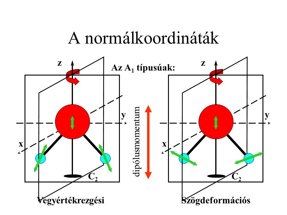 A normálkoordináták z z Az A1 típusúak: x x dipólusmomentum y y