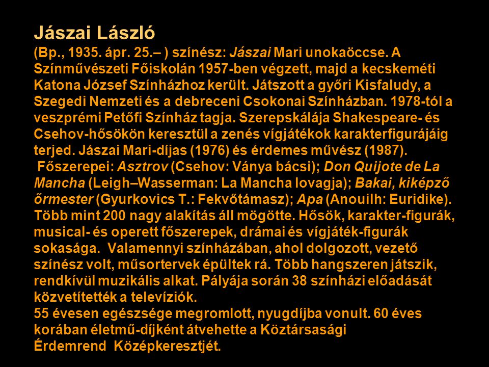 Jászai László (Bp., ápr. 25.– ) színész: Jászai Mari unokaöccse.