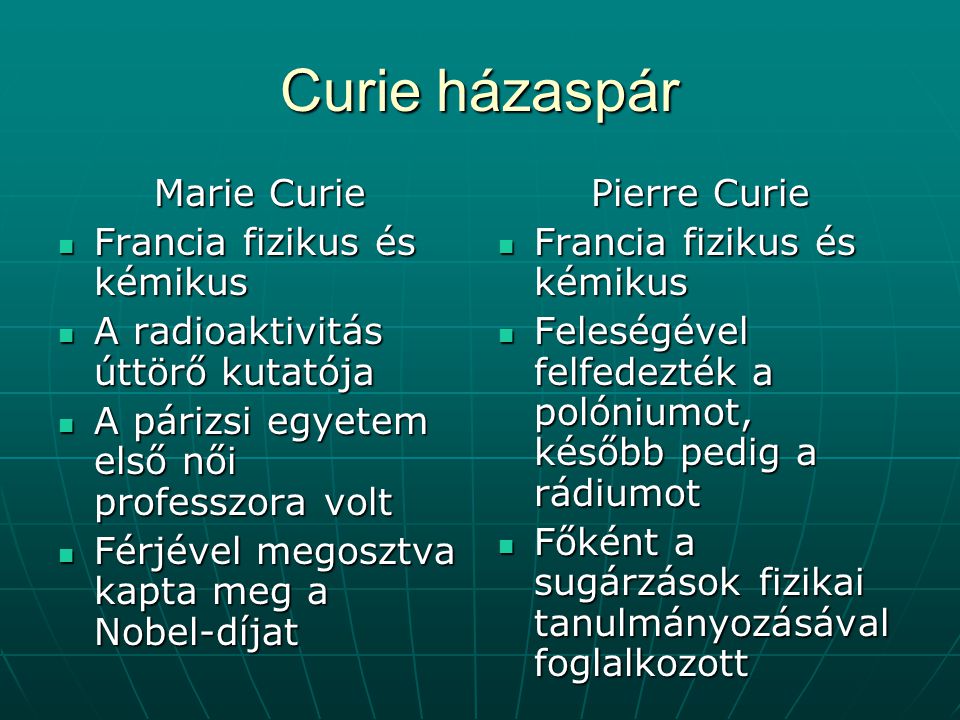 Curie házaspár Marie Curie Francia fizikus és kémikus