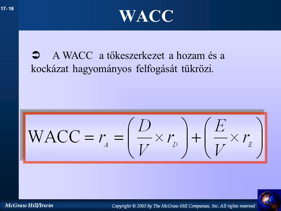 WACC A WACC a tőkeszerkezet a hozam és a kockázat hagyományos felfogását tükrözi.