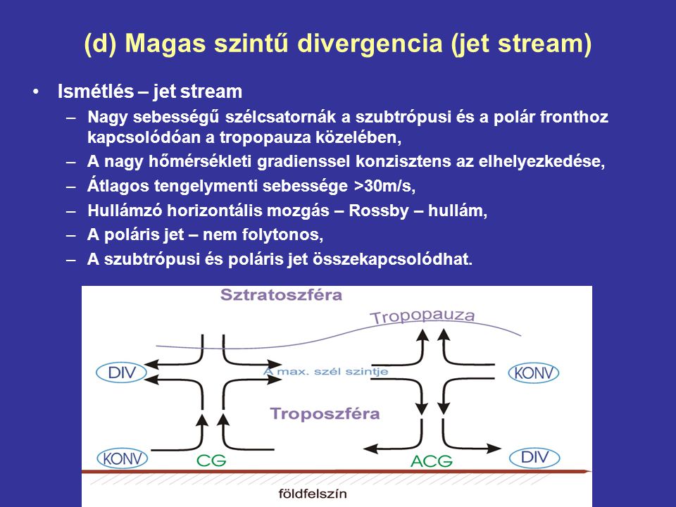 (d) Magas szintű divergencia (jet stream)