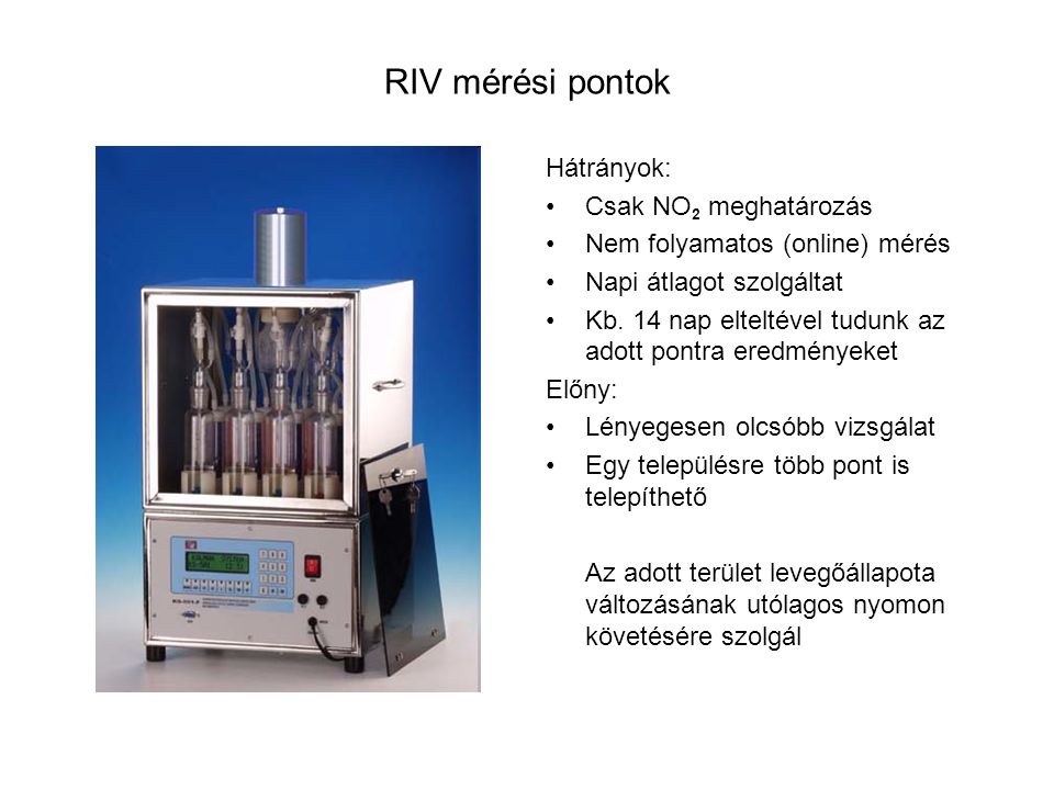 RIV mérési pontok Hátrányok: Csak NO2 meghatározás