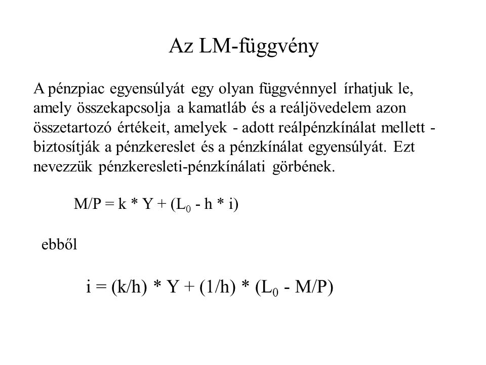Az LM-függvény i = (k/h) * Y + (1/h) * (L0 - M/P)