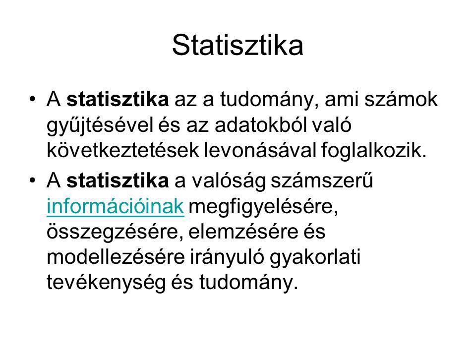 Statisztika A statisztika az a tudomány, ami számok gyűjtésével és az adatokból való következtetések levonásával foglalkozik.