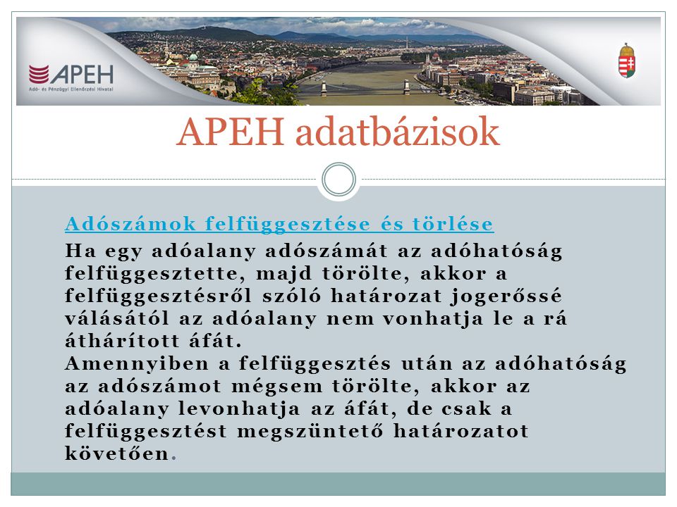 APEH adatbázisok Adószámok felfüggesztése és törlése