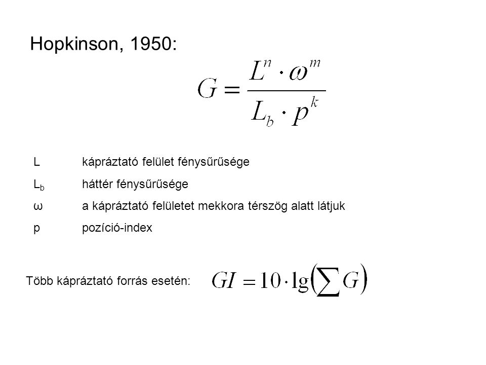 Hopkinson, 1950: L kápráztató felület fénysűrűsége