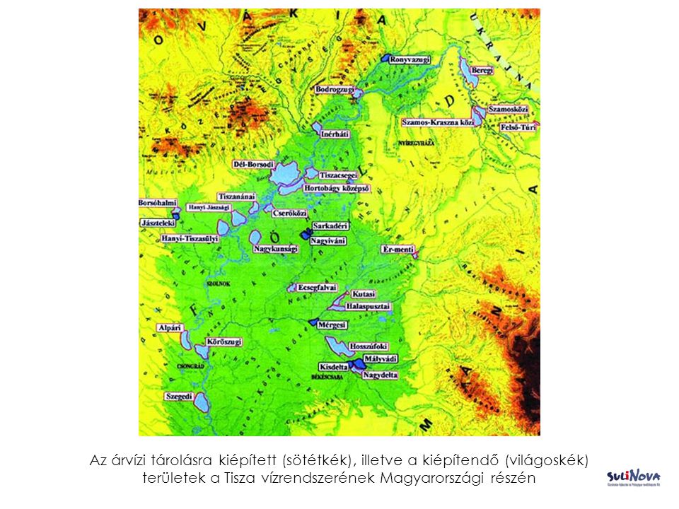Az árvízi tárolásra kiépített (sötétkék), illetve a kiépítendő (világoskék) területek a Tisza vízrendszerének Magyarországi részén