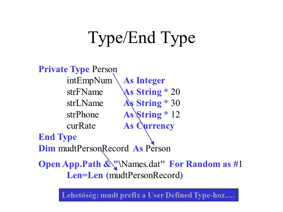 Type/End Type Private Type Person intEmpNum As Integer
