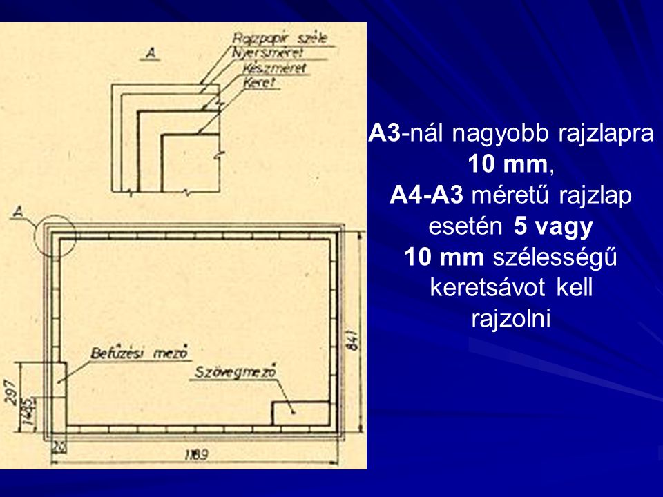 A3-nál nagyobb rajzlapra 10 mm, A4-A3 méretű rajzlap esetén 5 vagy
