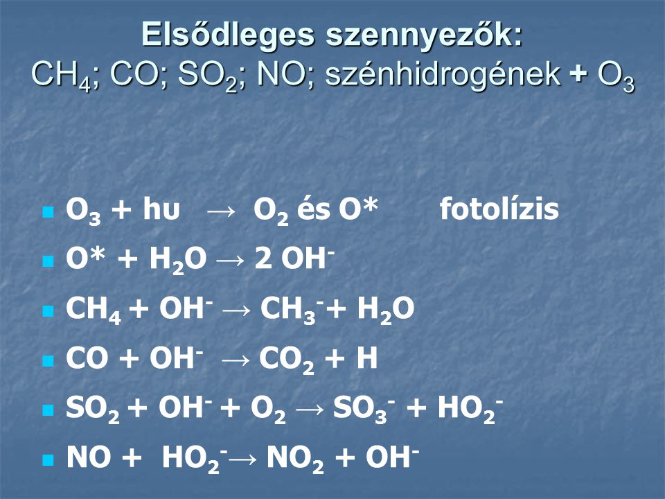Elsődleges szennyezők: CH4; CO; SO2; NO; szénhidrogének + O3