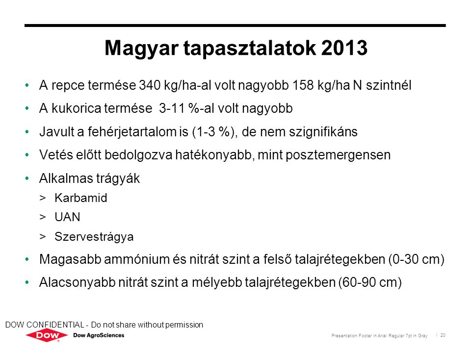 Magyar tapasztalatok 2013 A repce termése 340 kg/ha-al volt nagyobb 158 kg/ha N szintnél. A kukorica termése 3-11 %-al volt nagyobb.