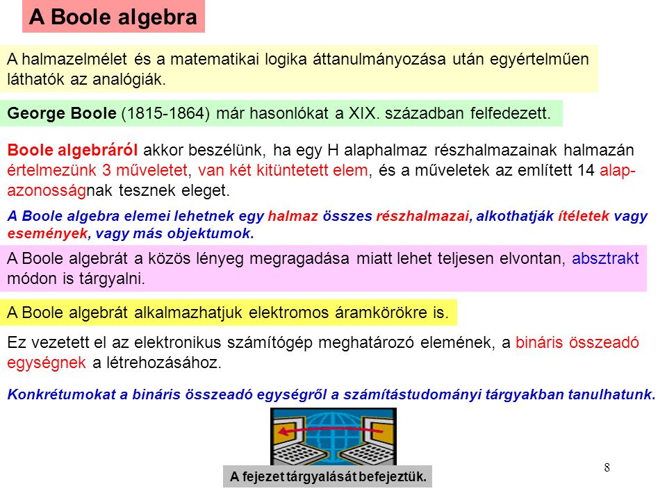 A Boole algebra A halmazelmélet és a matematikai logika áttanulmányozása után egyértelműen. láthatók az analógiák.