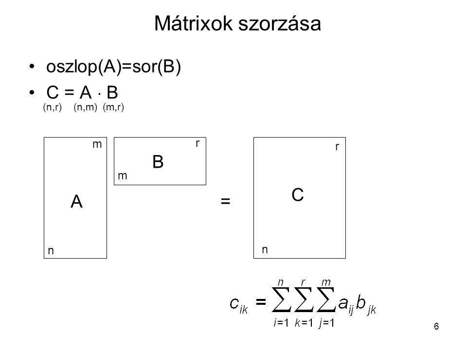 Mátrixok szorzása oszlop(A)=sor(B) C = A  B B C A = m r r m n n (n,r)