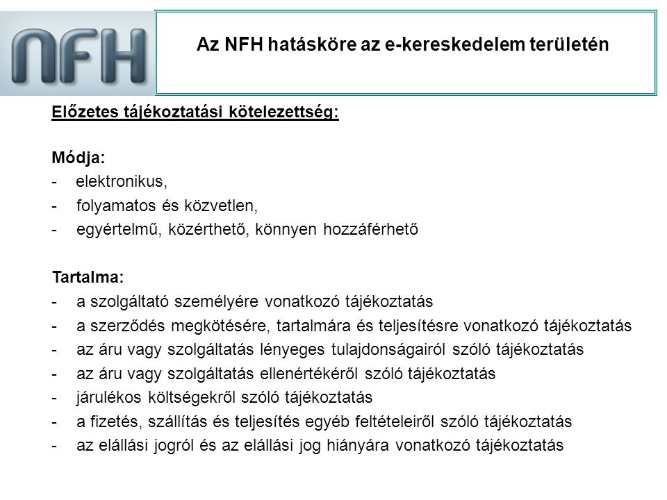 Az NFH hatásköre az e-kereskedelem területén