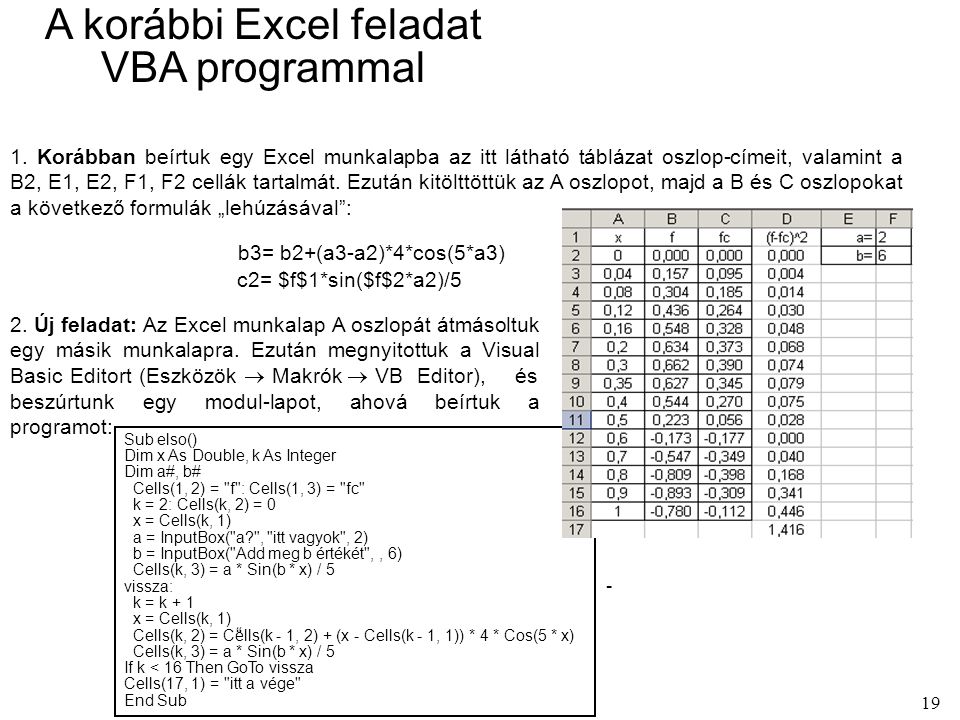 A korábbi Excel feladat VBA programmal