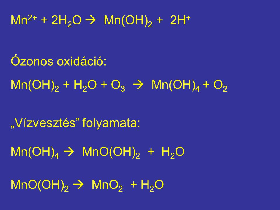 Mn2+ + 2H2O  Mn(OH)2 + 2H+ Ózonos oxidáció: Mn(OH)2 + H2O + O3  Mn(OH)4 + O2. „Vízvesztés folyamata: