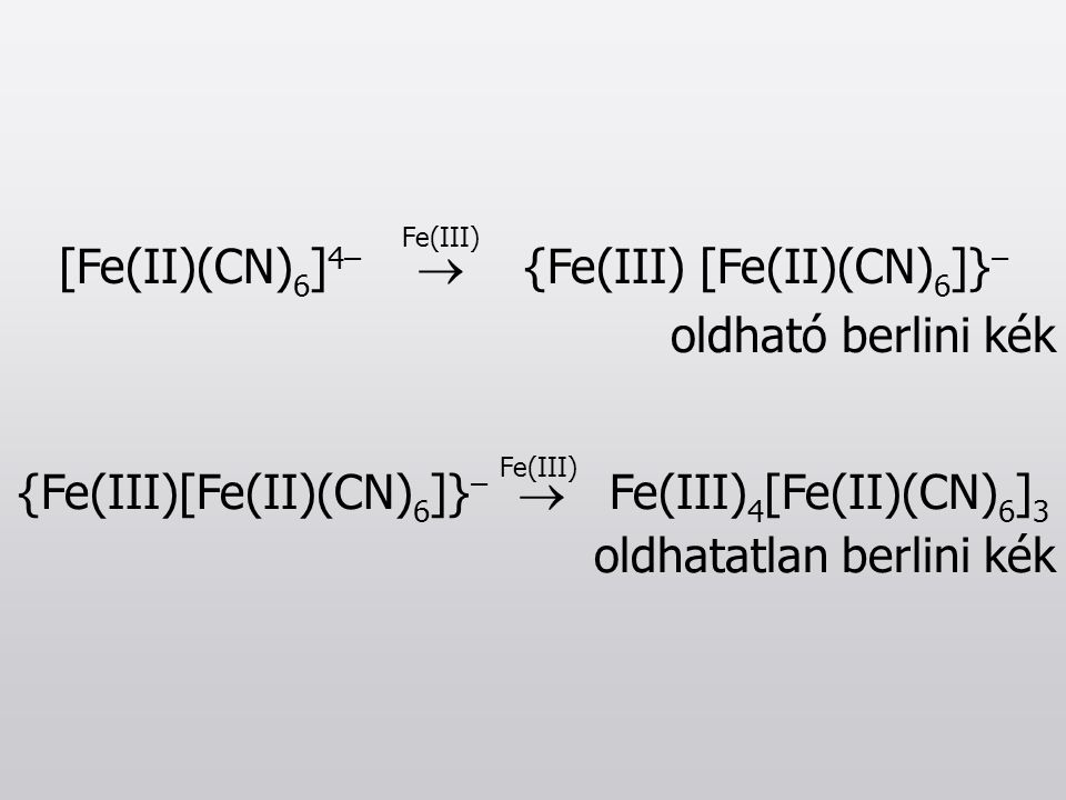 [Fe(II)(CN)6]4–  {Fe(III) [Fe(II)(CN)6]}– oldható berlini kék
