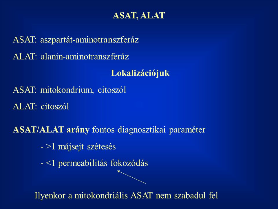 ASAT, ALAT ASAT: aszpartát-aminotranszferáz. ALAT: alanin-aminotranszferáz. Lokalizációjuk. ASAT: mitokondrium, citoszól.