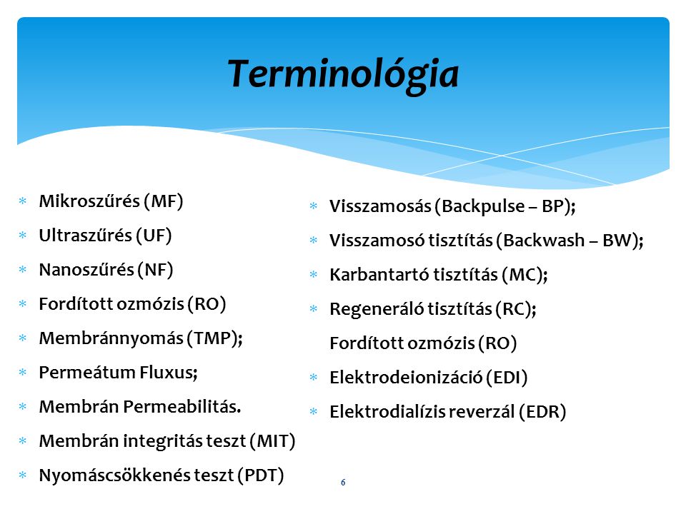Terminológia Mikroszűrés (MF) Visszamosás (Backpulse – BP);