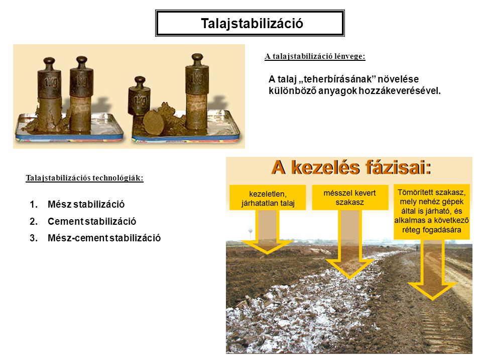 Talajstabilizáció A talajstabilizáció lényege: A talaj „teherbírásának növelése különböző anyagok hozzákeverésével.
