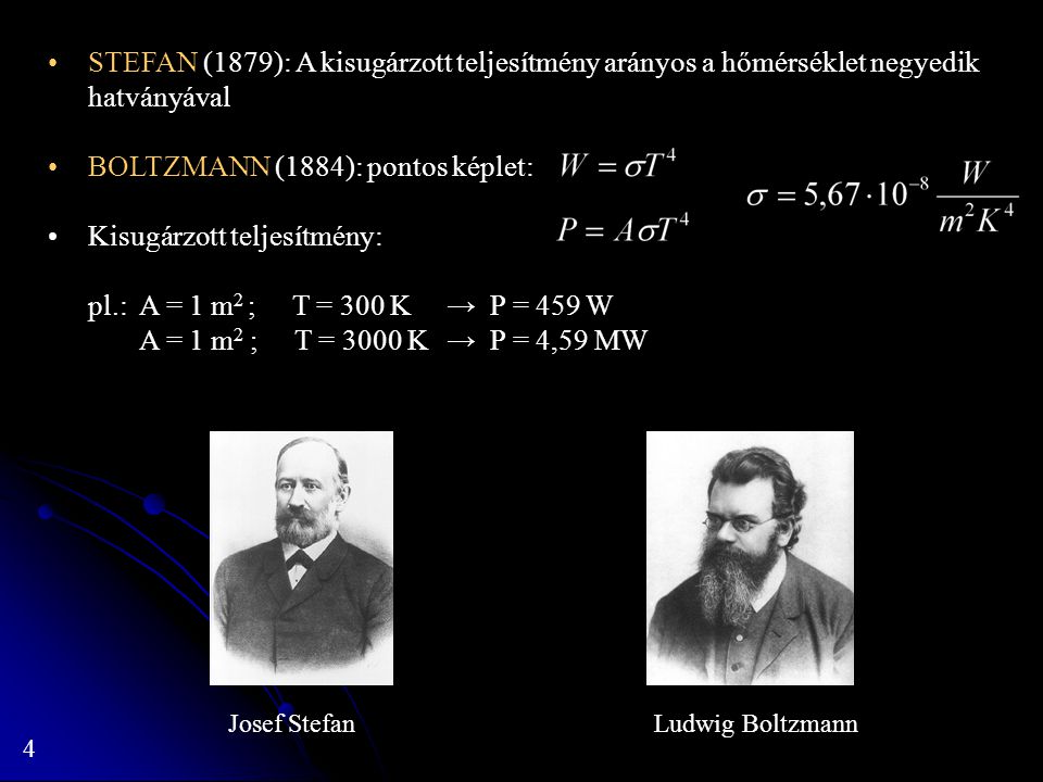 BOLTZMANN (1884): pontos képlet: Kisugárzott teljesítmény: