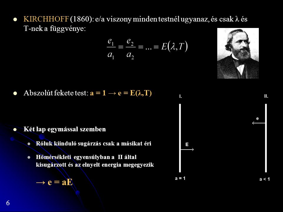 KIRCHHOFF (1860): e/a viszony minden testnél ugyanaz, és csak λ és T-nek a függvénye: