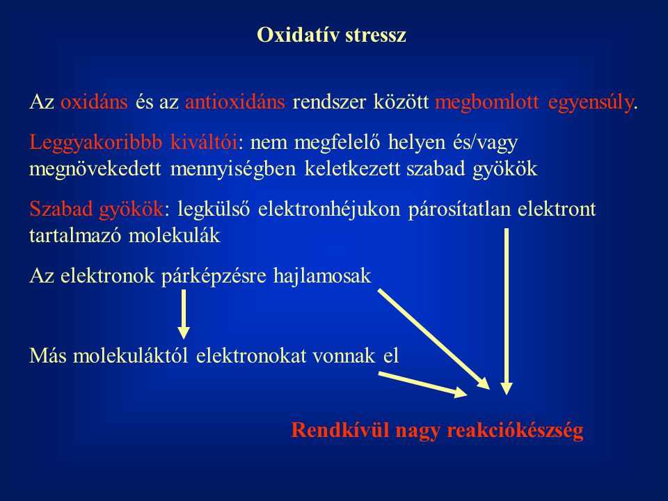 Oxidatív stressz Az oxidáns és az antioxidáns rendszer között megbomlott egyensúly.