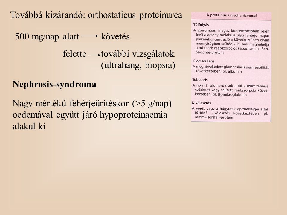 Továbbá kizárandó: orthostaticus proteinurea
